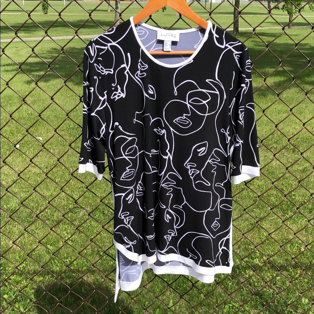 Joseph Ribkoff Black & White Abstract Face Print Top 14 Asymmetrical Hem #1224